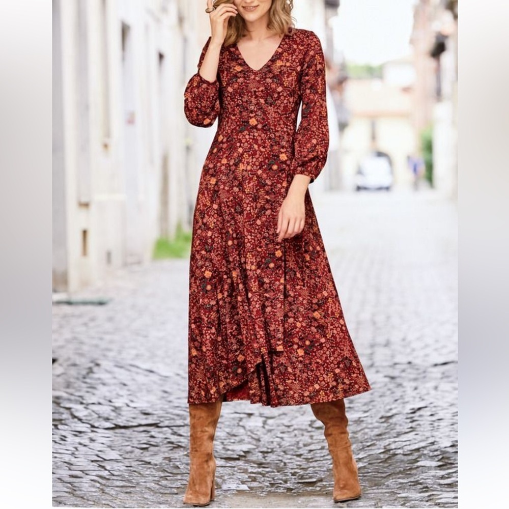 Peruvian Connection Floral Long Sleeve Dress In Red And Brown Size M — image 2 of 8